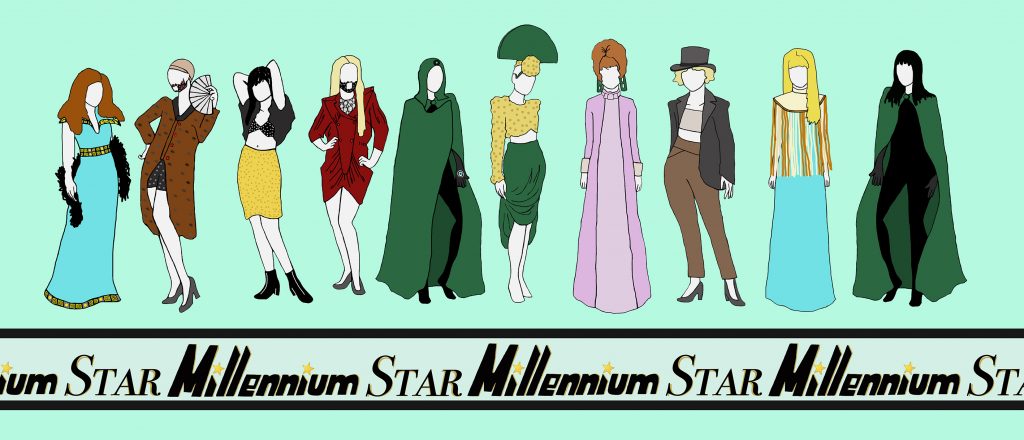 10 figures with different outfits, turquoise background, banner with a logo saying "Millennium Star"