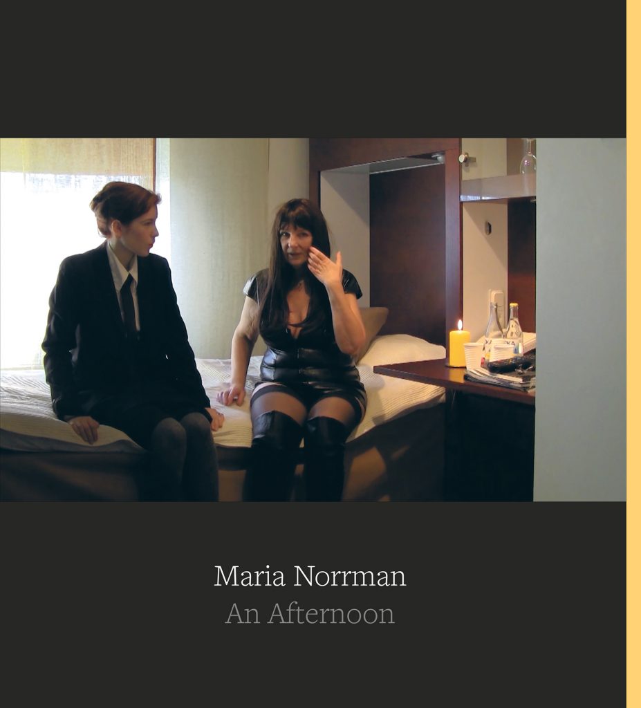 Book cover, An Afternoon by Maria Norrman, two persons on a bed, one younger wearing a suit and tie, one older in black lingerie. 
