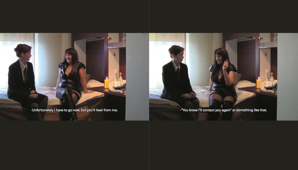 Two pages from the artist book An Afternoon, displaying two images from the video work with the same name. Two images of two persons on a bed, one younger wearing a suit and tie, one older in black lingerie. 